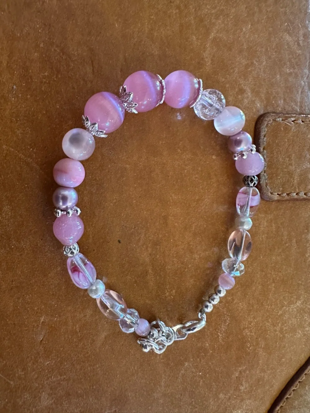 Pink Cat-Eye Beaded Bracelet with Silver Accents - Picture 2 of 8